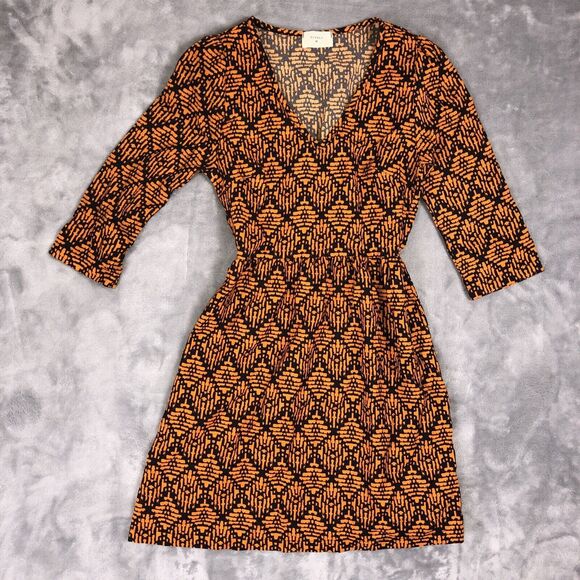 Everly Women’s Small Orange Geometric Print Dress V-Neck 3/4 Sleeve Halloween - Picture 1 of 7